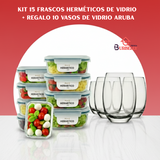 ¡Sólo Por Hoy | Kit 15 Frascos Herméticos de Vidrio + 10 Vasos de Vidrio Aruba de Regalo